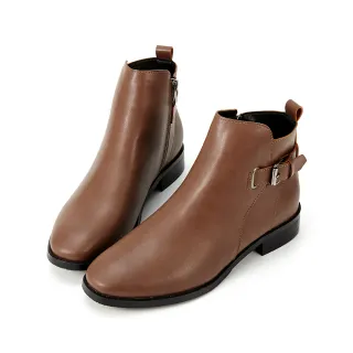 【HERLS】短靴-釦環拉鍊圓頭皮革粗跟短靴(咖啡色)