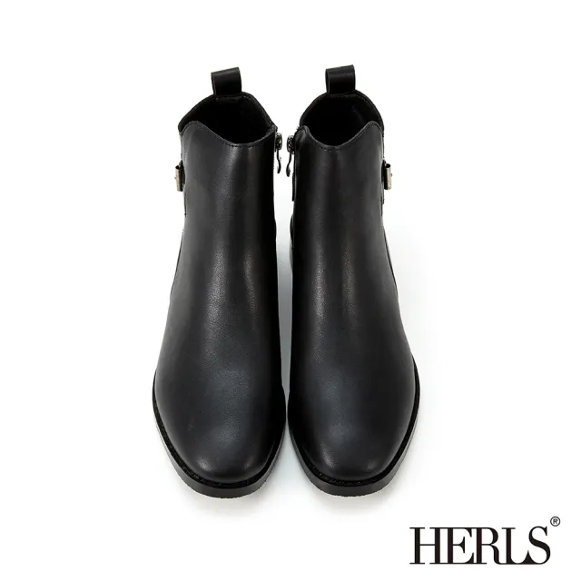 【HERLS】短靴-釦環拉鍊圓頭皮革粗跟短靴(黑色)