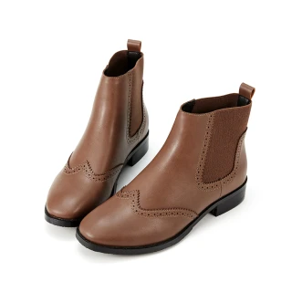 【HERLS】短靴-翼紋沖孔側鬆緊切爾西皮革短靴(深棕色)
