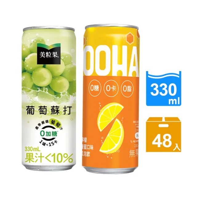 【美粒果+OOHA】零加糖葡萄蘇打+蜂蜜檸檬氣泡飲330ml x2箱(共48入;兩種口味各一箱)