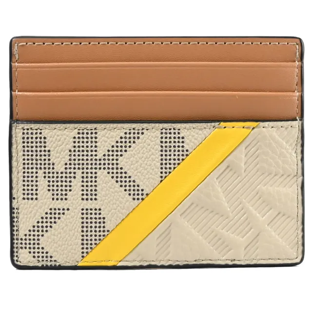 【Michael Kors】經典MK印花斜線拼接信用卡名片夾隨身卡夾(卡其/咖)