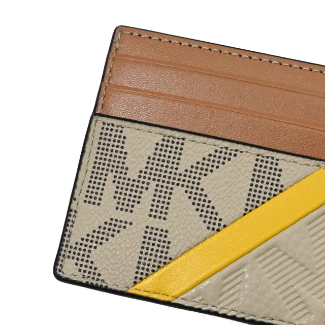 【Michael Kors】經典MK印花斜線拼接信用卡名片夾隨身卡夾(卡其/咖)