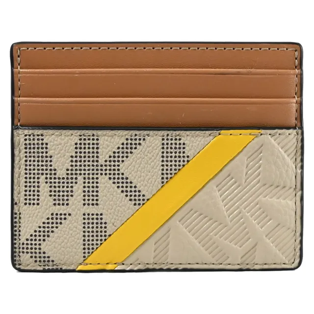 【Michael Kors】經典MK印花斜線拼接信用卡名片夾隨身卡夾(卡其/咖)