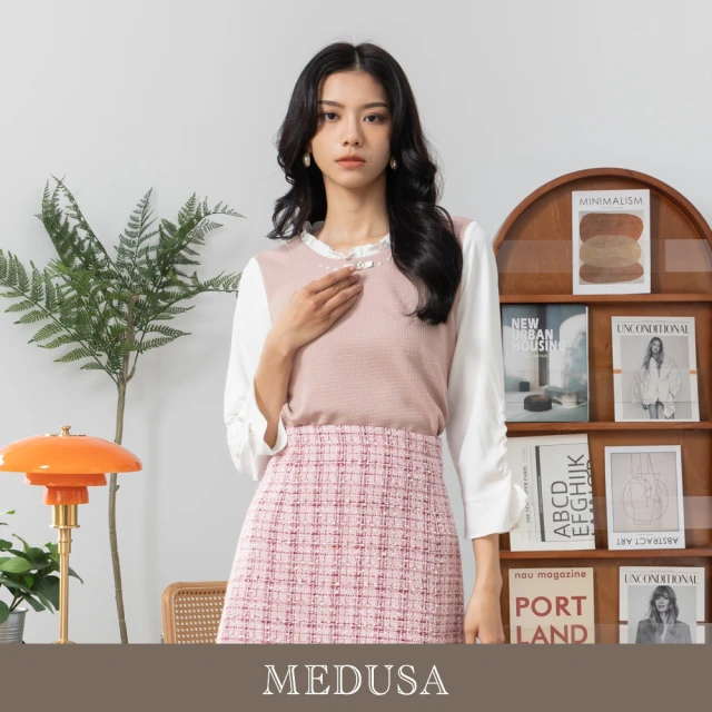 MEDUSA 曼度莎 現貨-粉紅荷葉立領拼接上衣（M-XL）｜女上衣 女長袖上衣 冬新品(201-23501)