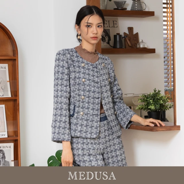 MEDUSA 曼度莎 現貨-雙排釦藍白混紡毛呢外套（M-XL）｜小香風外套 女外套 冬新品(201-5310A)