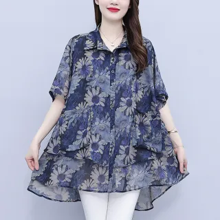 【ALLK 歐楷】滿額再折 長版印花襯衫上衣 圖片色(尺寸L-XXL/中大尺碼/涼爽/透氣)