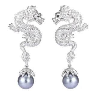 【ANGEL】彎曲盤龍珍珠鋯石鑲鑽耳環(2色可選)