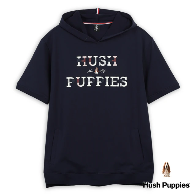 Hush Puppies 男裝 帽T 經典格紋矽膠英文刺繡狗短袖帽T(丈青 / 43102103)