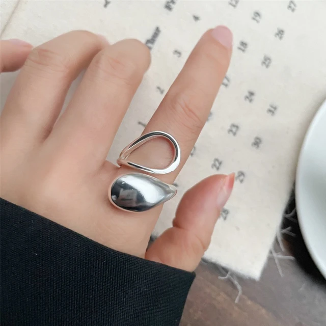 SUMMER一夏 韓國設計S925純銀個性雙水滴輕奢開口戒指