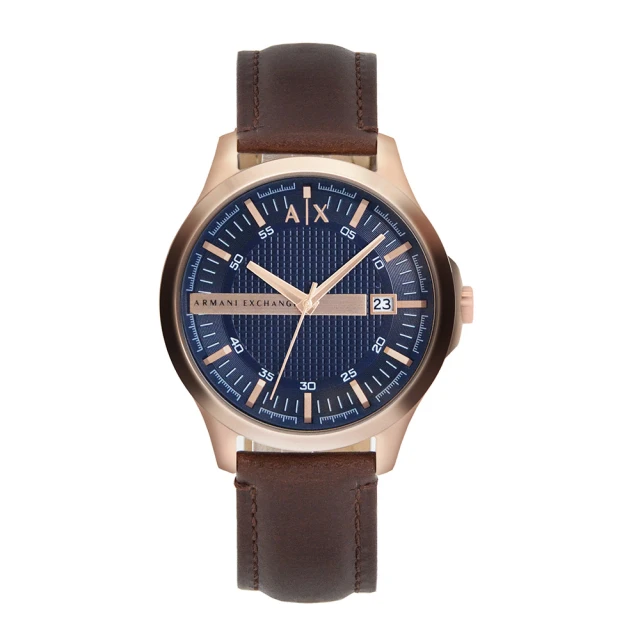 A|X Armani ExchangeA|X Armani Exchange 玫瑰金框 藍黑面 格子設計錶盤 日期顯示腕錶 咖啡色皮革錶帶 46mm(AX2172)