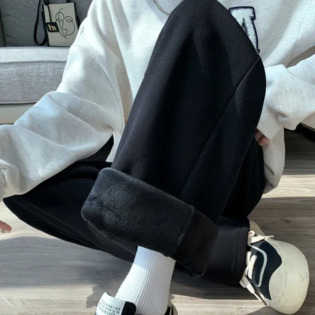 【D.studio】韓版內刷毛加厚舒適仿羊絨直筒寬褲(褲子長褲女裝 高腰褲拖地褲直筒褲黑褲發熱褲保暖褲 P315)