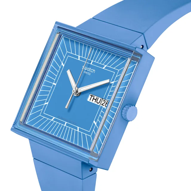 【SWATCH】Gent 原創系列手錶 WHAT IF…SKY? 生物陶瓷 方形錶 水藍 男錶 女錶 手錶 瑞士錶 錶(34mm)