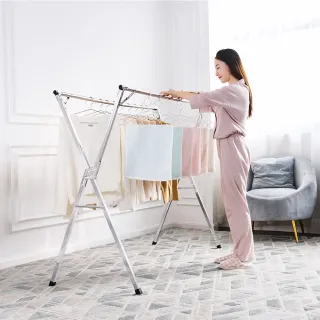 【莫菲思】雙桿可伸縮不鏽鋼X型免安裝摺疊曬衣架(200cm)