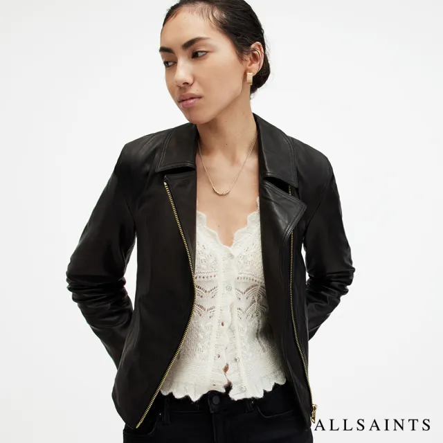 【ALLSAINTS】VELA 柔軟羊皮雙口袋騎士皮衣外套- 黑金 W089LB(修身版型)