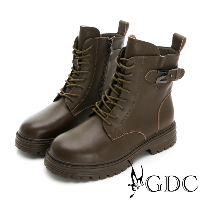 GDCGDC 真皮率性側Z釦綁帶厚底馬丁靴-棕色(328585-62)