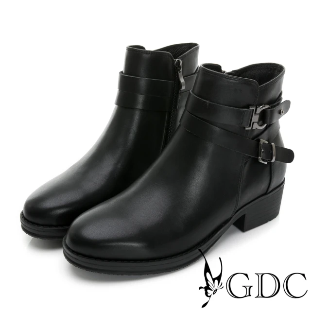 【GDC】真皮側釦環個性粗跟短靴-黑色(328593-00)