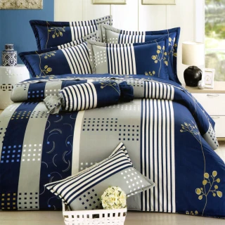 【巴麗維亞】精梳棉條紋六件式兩用被床罩組奢華藍采(加大)