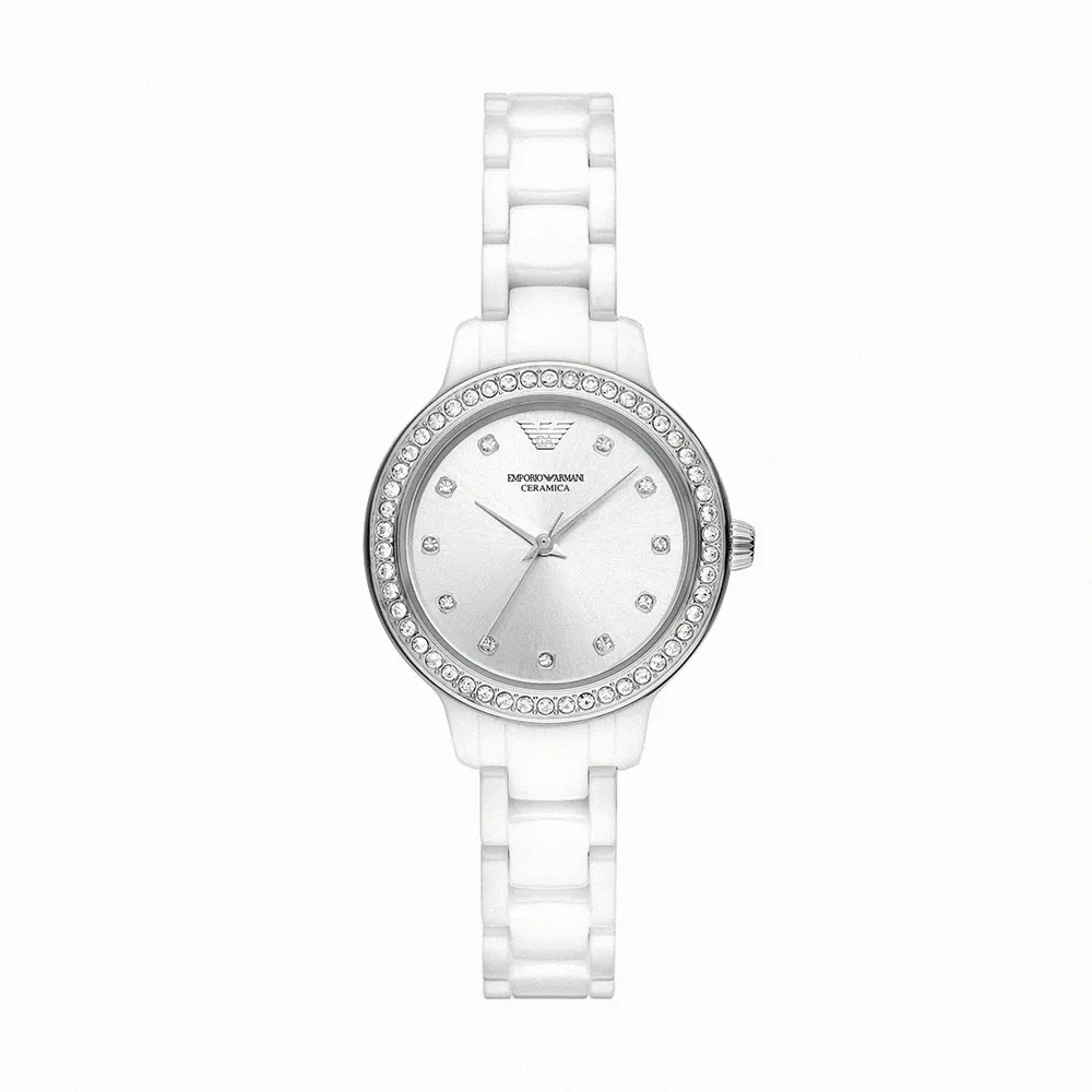 【EMPORIO ARMANI 官方直營】Cleo 時髦冷冽白環鑽女錶 白色陶瓷錶帶手錶 32MM AR70013