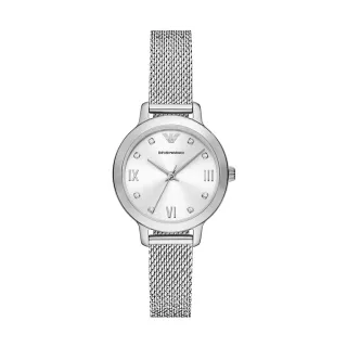 【EMPORIO ARMANI 官方直營】Cleo 簡約月光銀時尚女錶 銀色不鏽鋼錶帶手錶 32MM AR11584