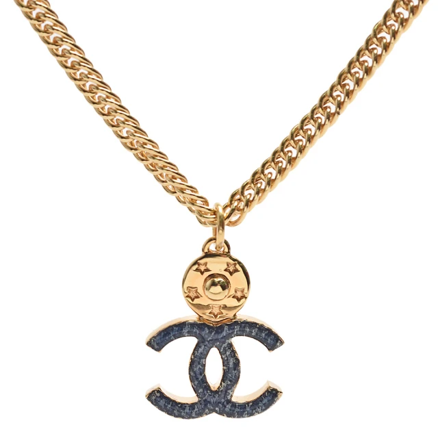 CHANEL 香奈兒 經典琺瑯垂墜雙C LOGO造型項鍊(藍/金色ABC718-BLUE-OR)