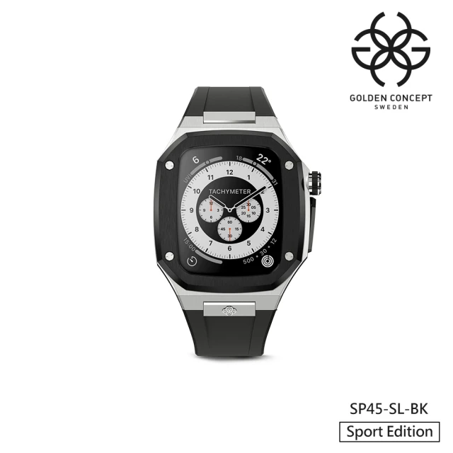 Golden Concept Apple Watch 45mm 保護殼 銀色不鏽鋼錶殼/黑色橡膠錶帶(SP45-SL-BK)