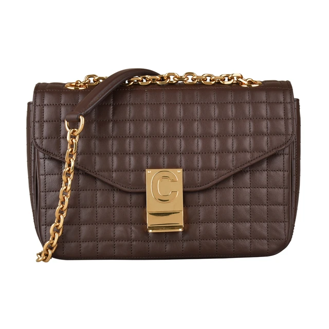 【CELINE】CELINE C字LOGO格紋縫線牛皮扣式斜背包(多色)