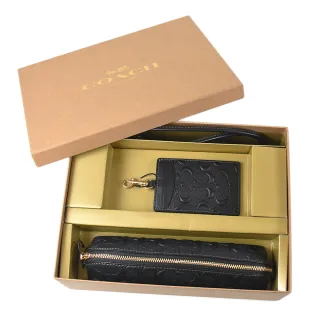 【COACH】浮雕LOGO識別證掛帶票卡夾/筆袋禮盒組-黑色