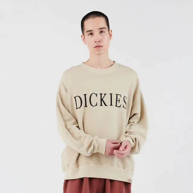 【Dickies】日本支線-城市工裝系列－男款奶酒白純棉胸前品牌刺繡簡約Logo長袖大學T｜DK012582K11