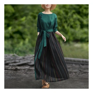 【ACheter】民族風連身裙新款文藝復古長袖撞色條紋氣質長版洋裝#120799(綠)