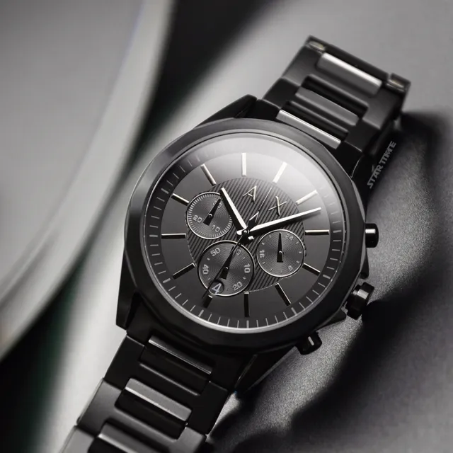 【A|X Armani Exchange】黑色系 三眼計時 不鏽鋼錶帶 手錶 男錶 42mm 母親節(AX2601)