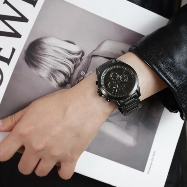 【A|X Armani Exchange】黑色系 三眼計時 不鏽鋼錶帶 手錶 男錶 42mm 母親節(AX2601)