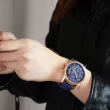 【A|X Armani Exchange】玫瑰金框 藍面 三眼計時 藍色皮革 腕錶 男錶 42mm(AX1723)