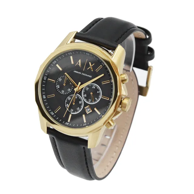 【A|X Armani Exchange】金框 黑面 三眼計時 黑色皮革 手錶 男錶 42mm(AX7133)