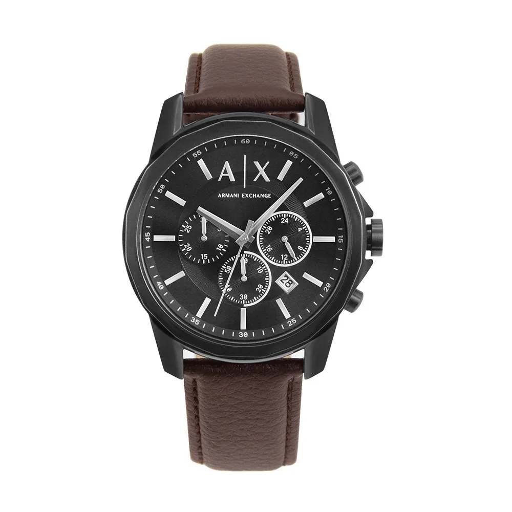 【A|X Armani Exchange】黑色系 三眼計時 深咖啡色皮革 手錶 男錶  42mm 情人節(AX1732)