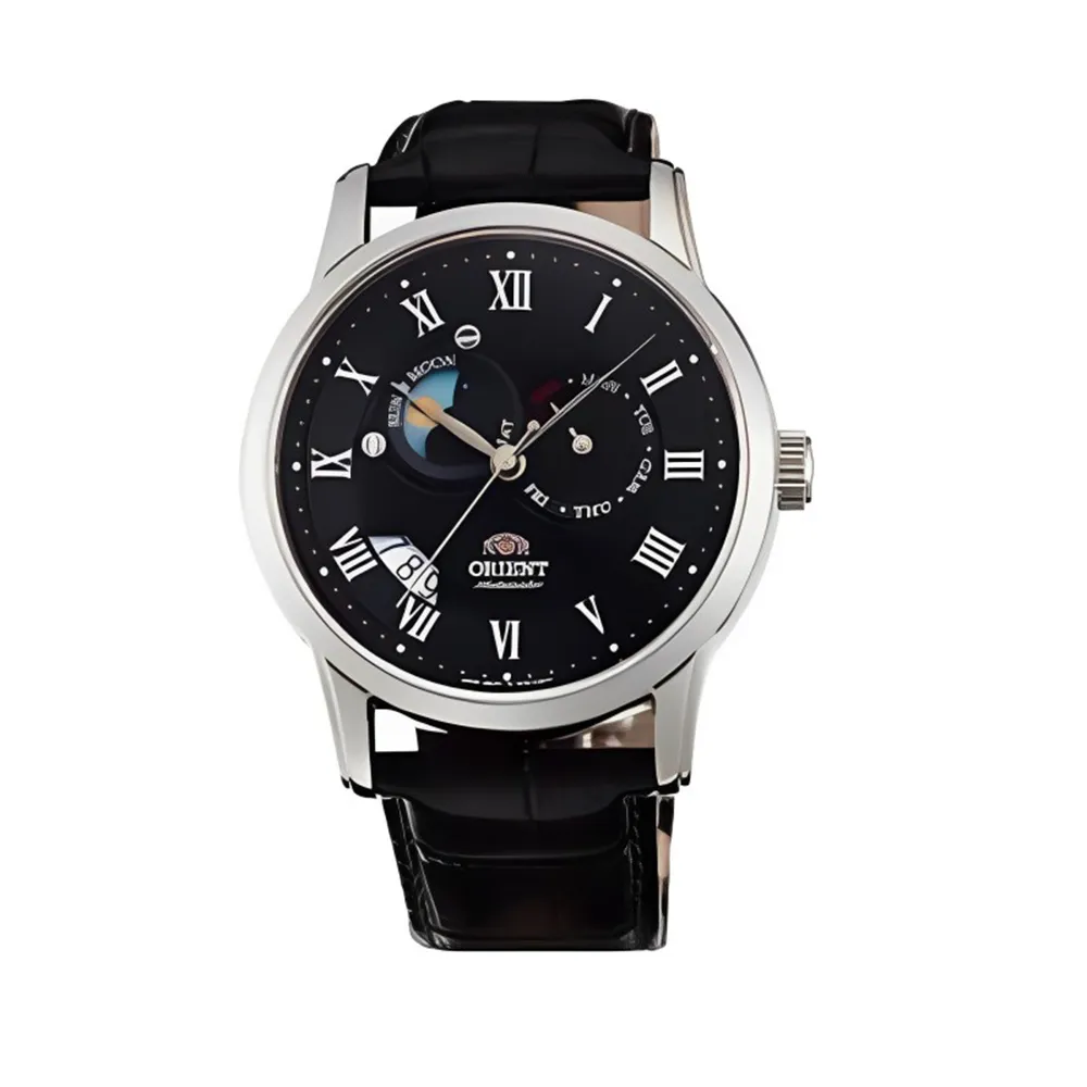 【ORIENT 東方錶】官方授權T2 SUN&MOON系列 羅馬數字日月相錶 男皮帶錶-黑色-錶徑42mm(SET0T002B)