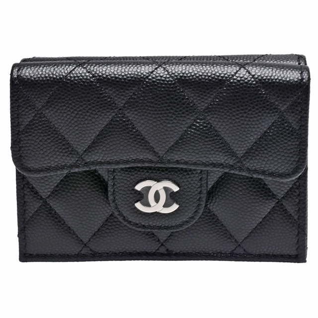 CHANEL 香奈兒 經典金色雙C LOGO菱格粒紋牛皮暗釦三折短夾(黑AP0230C-BLK-SS)