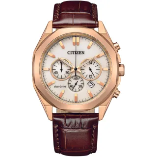 【CITIZEN 星辰 官方授權】光動能三眼計時手錶-41mm/玫金x咖啡皮帶 禮物(CA4593-15A)