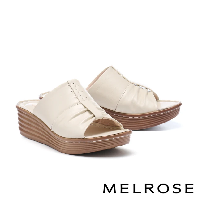 MELROSE 美樂斯 經典簡約純色抓皺全真皮厚底拖鞋(白)