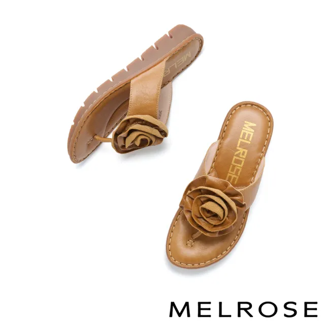 【MELROSE】美樂斯 質感花朵造型全真皮夾腳厚底拖鞋(棕)