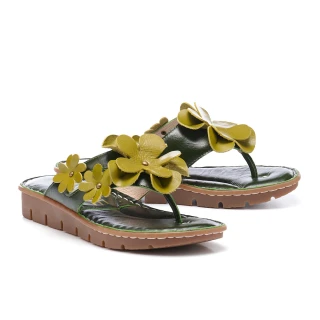 【MELROSE】美樂斯 綻放立體花朵造型全真皮夾腳厚底拖鞋(綠)