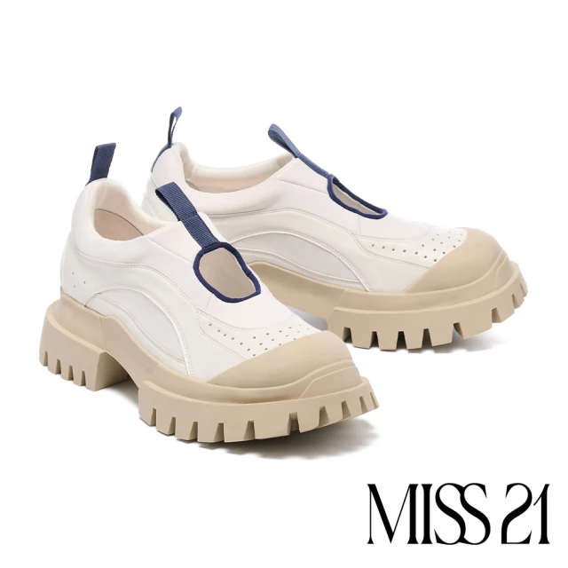 MISS 21 叛逆潮感沖孔異材質拼接撞色簍空大頭厚底休閒鞋