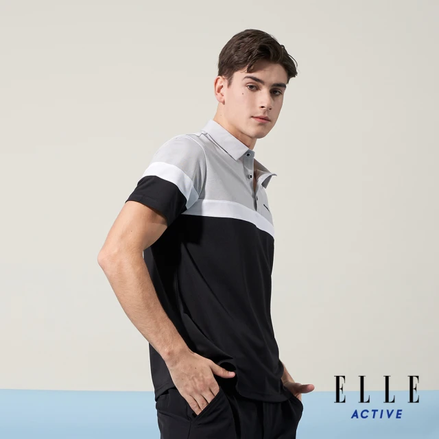 ELLE ACTIVE 男款 休閒撞色拼接短袖POLO衫-黑