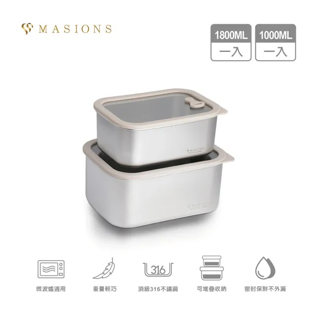 【MASIONS 美心】PREMIUM 可微波 皇家316不鏽鋼矽膠玻璃蓋抗菌保鮮盒(大容量 2件組)