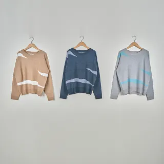 【MOSS CLUB】柔軟短絨雲朵配色長袖針織上衣(藍 駝 灰/魅力商品)