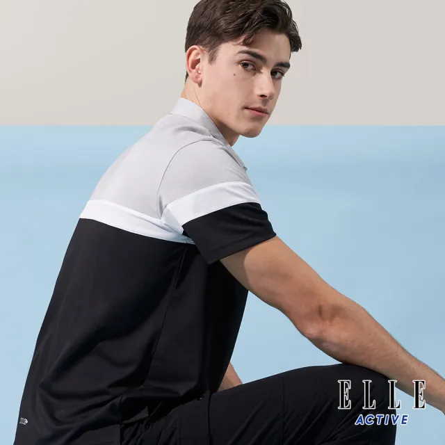 【ELLE ACTIVE】男款 休閒撞色拼接短袖POLO衫-黑色(EA24M2M1102-99)