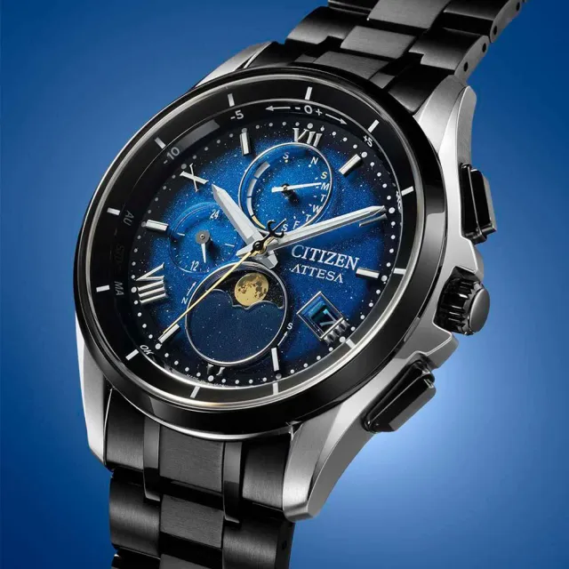 【CITIZEN 星辰】GENTS 夜川月限定款月像顯示電波光動能鈦金屬男錶-藍x黑/41.5mm 母親節限定(BY1007-60L)