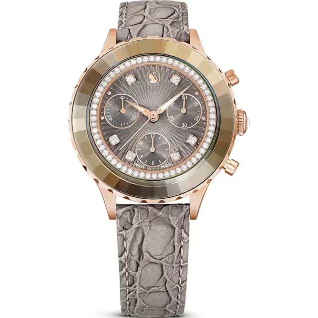 【SWAROVSKI 施華洛世奇】計時 皮帶 石英 腕錶(白-5671150/灰-5671153/綠-5672931)