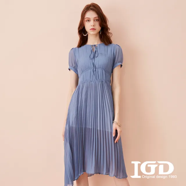 【IGD 英格麗】速達-網路獨賣款-小方格雪紡綁帶收腰百褶洋裝(藍色)