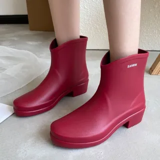 【baibeauty 白鳥麗子】日系素色字母粗跟防水雨靴(雨鞋)