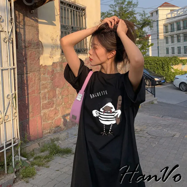 【HanVo】現貨 逗趣麵包雞短袖長洋裝(舒適親膚柔軟休閒連衣裙 韓系女裝 女生衣著 A06-3704)